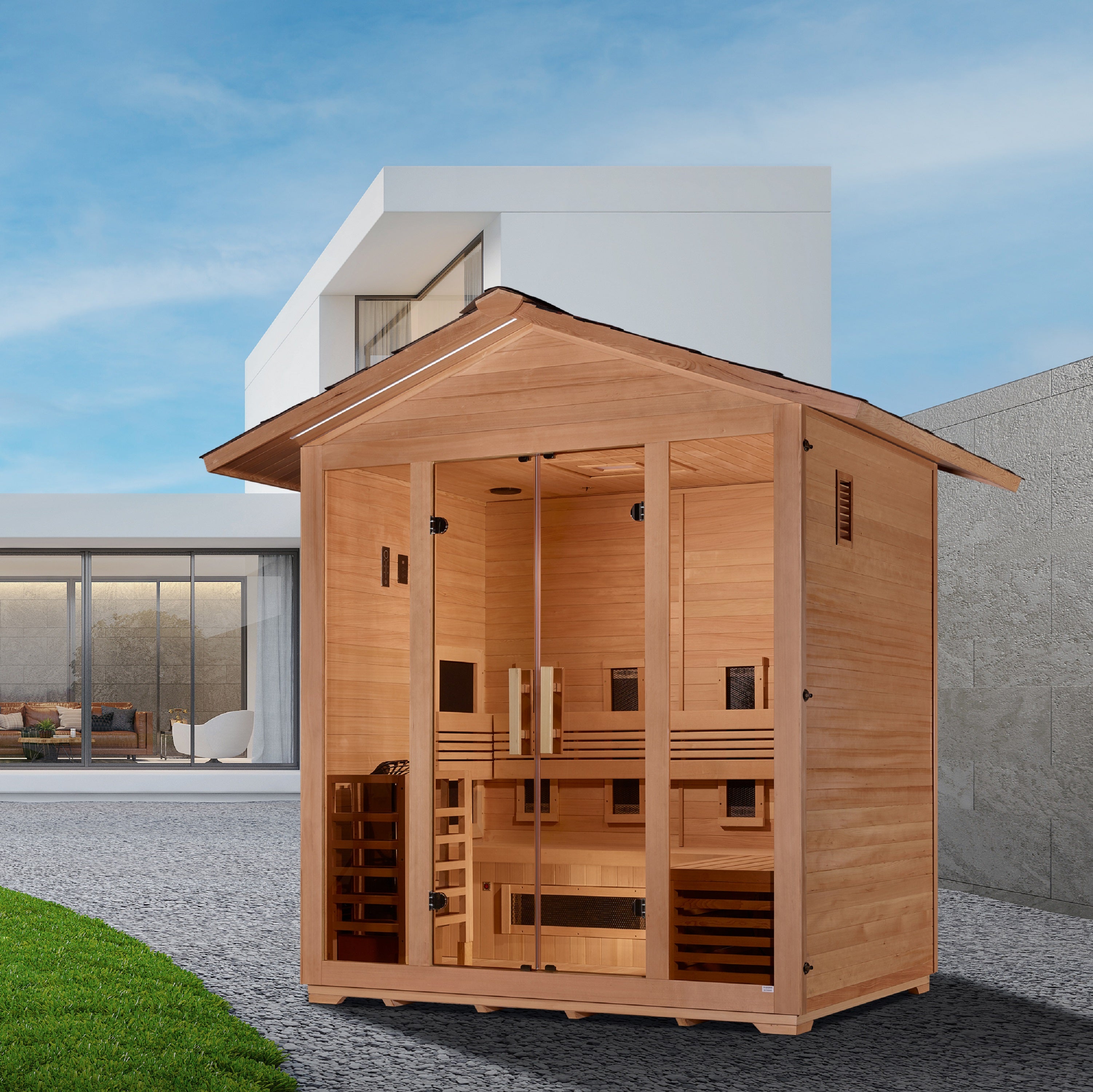Golden Designs "Gargellen" 5 Person Hybrid (PureTech™ Full Spectrum IR or Traditional Stove) Outdoor Sauna (GDI-8125-01)