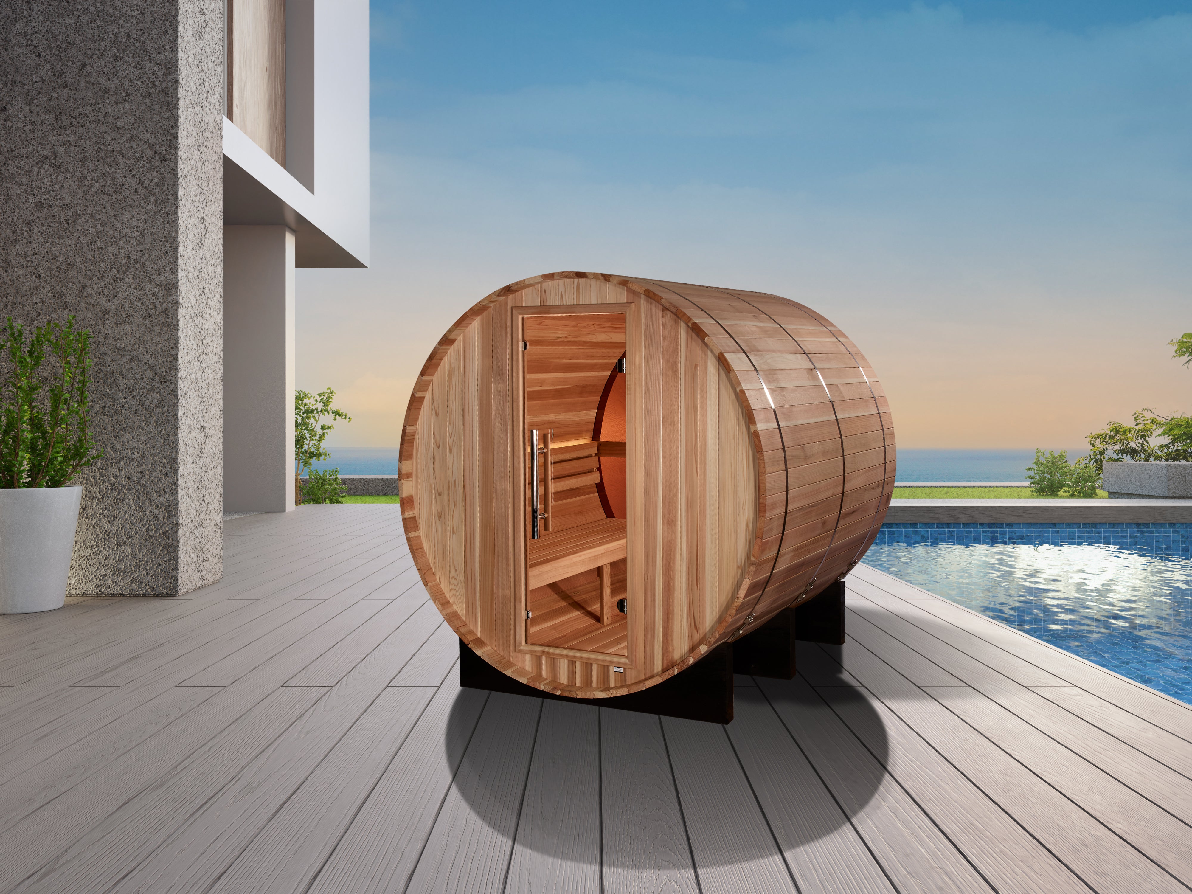 Golden Designs "Zurich" 4 Person Barrel with Bronze Privacy View Traditional Sauna (GDI-B024-01)